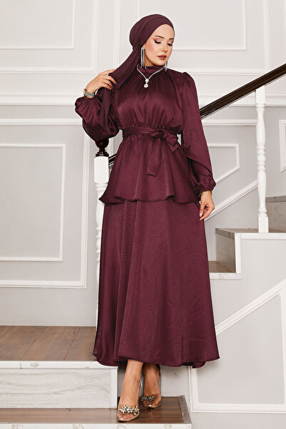 EBRUTESETTÜR بدلة جاكار بحزام مطاطي عند الخصر باللون العنابي