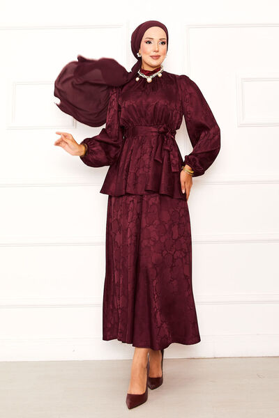 EBRUTESETTÜR طقم تنورة جاكار بحزام مطاطي عند الخصر باللون الأحمر الداكن