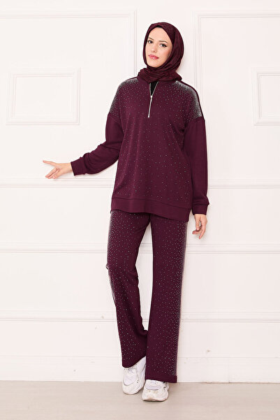 EBRUTESETTÜR Half-Zip Double Suit with Sprinkled Stones Burgundy