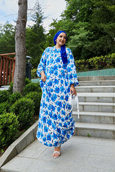 EBRUTESETTÜR فستان حجاب منقوش بياقة قميص أزرق بلون الكوبالت