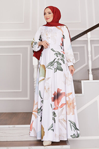 EBRUTESETTÜR فستان زامليك للحجاب بنقشة الزنبق باللون الأبيض