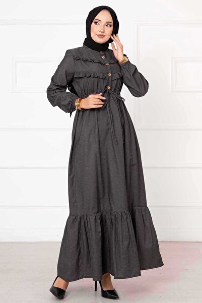 EBRUTESETTÜR فستان بحزام نصف مزرّر وفتحة خلفية، لون دخاني