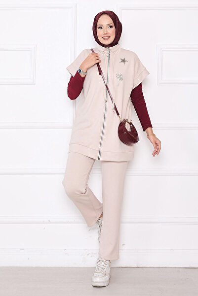 EBRUTESETTÜR Stone Embroidered Zippered Vest Set Stone