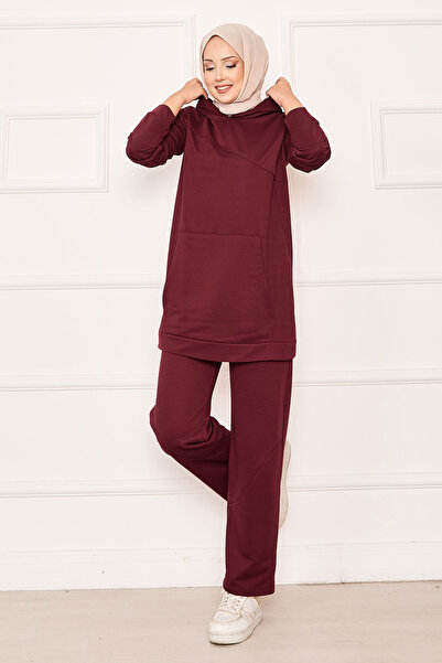 EBRUTESETTÜR طقم مكون من قطعتين بتفاصيل جيب وغطاء للرأس من كانجارو باللون الأحمر الداكن