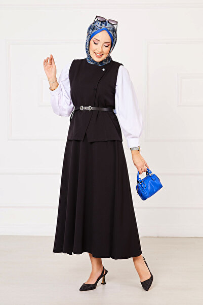 EBRUTESETTÜR Çapraz Düğmeli Etekli İkili Tesettür Takım Siyah