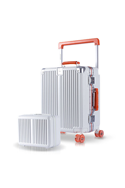 Zeplin Boxy PC Policarbon 2'li Valiz Seti (Kabin ve Makyaj) Beyaz-Turuncu