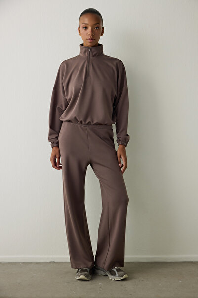 Penti Khaki Silky Feel Stand Collar Crop Sweatshirt