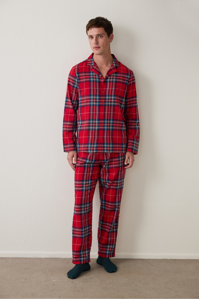 Penti Red Men's Plaid Pattern Long Sleeve Shirt Pajama Set