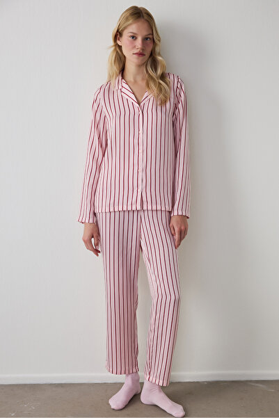Penti Dusty Rose Striped Shirt Collar Satin Pajama Set