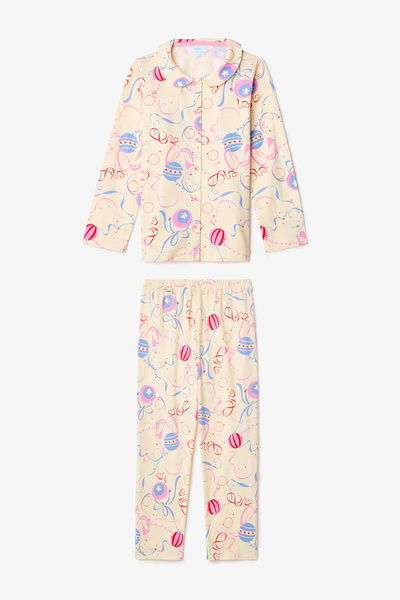 Penti Cremefarbenes Pyjama-Set aus Baumwolle mit Zirkusmuster und Knöpfen für Mädchen