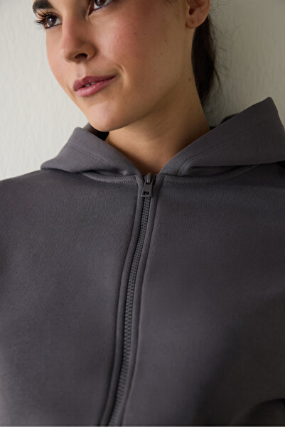 Penti Gray Zippered Hooded Sports Sweatshirt