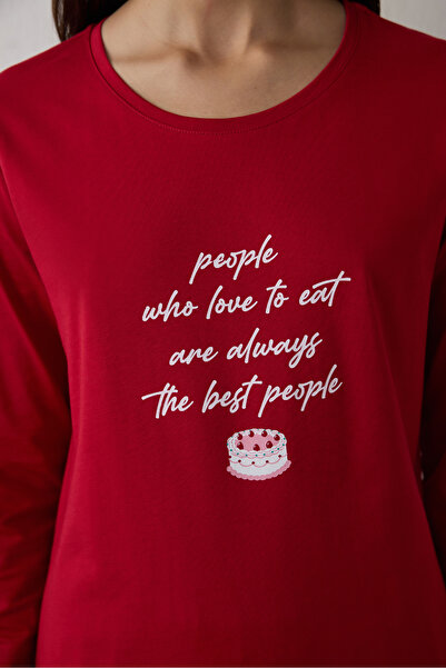 Penti Red Joyous Time New Year Themed Crew Neck Cotton Long Sleeve Pajama Set