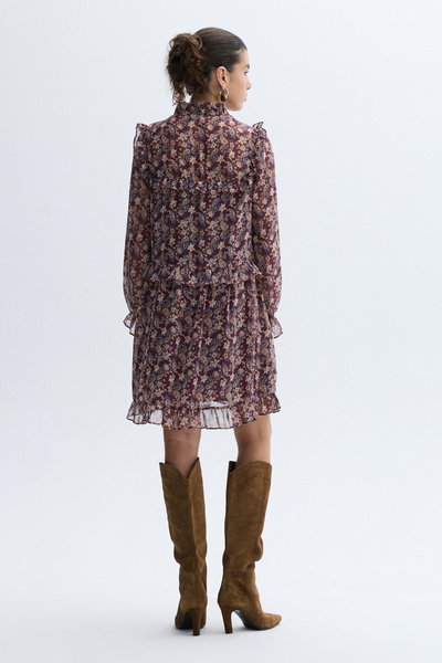 Mudo Floral Printed Mini Dress with Tie-Up Neck