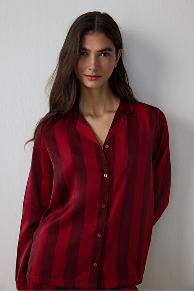 Penti Red Margot Striped Satin Shirt Collar Long Sleeve Pajama Set