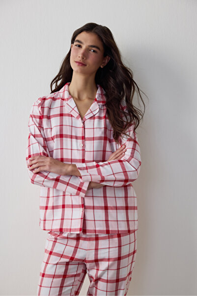 Penti Dusty Rose Modal Plaid Shirt Collar Buttoned Cotton Pajama Set