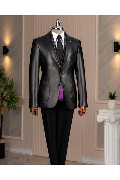 TerziAdemAltun Ανδρικό μονό γιακά από συνθετικό δέρμα σε λεπτή εφαρμογή ιταλικού στυλ T10846