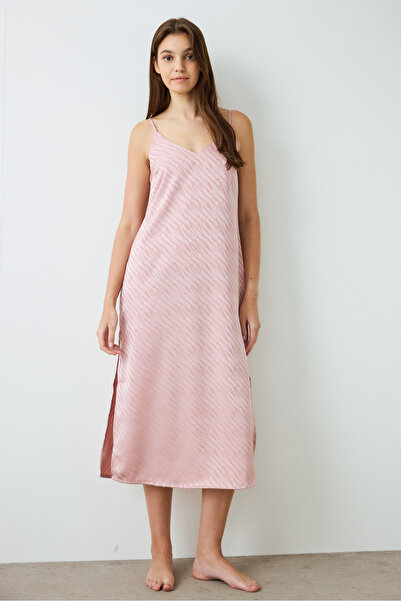 Penti Dusty Rose Emma Zebra Print V-Neck Satin Nightgown