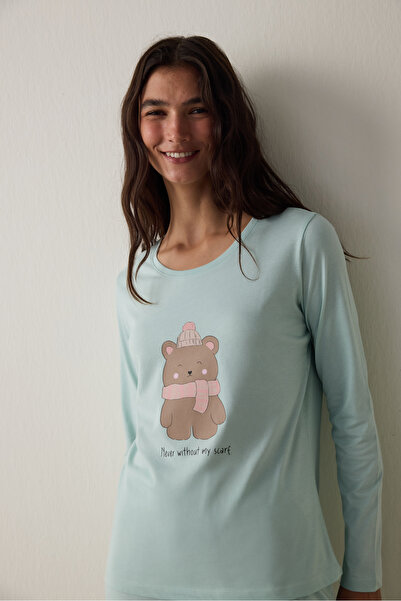 Penti Mint Ent Scarf Crew Neck Long Sleeve Cotton Slogan Printed Pajama Set