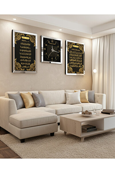 Zevahir Mobilya Dekorasyon Gümüş Aynalı Pleksi Çerçeveli Ayetel Kürsi Fatiha Süresi Ve Esmaül Hüsna Üçlü Mdf Tablo Ve Saat Seti