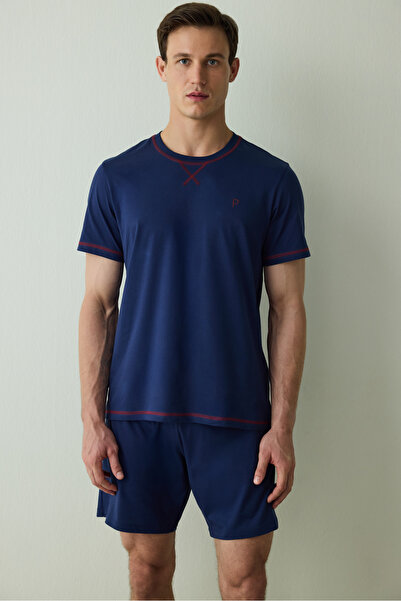 Penti Indigo Men's Navy Star Crew Neck Cotton Shorts Pajama Set