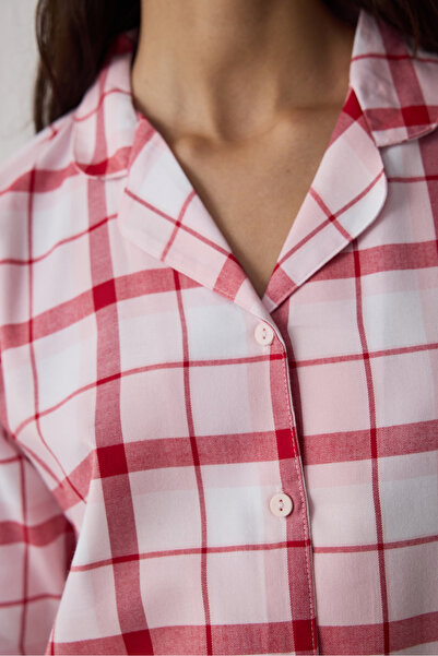 Penti Dusty Rose Modal Plaid Shirt Collar Buttoned Cotton Pajama Set