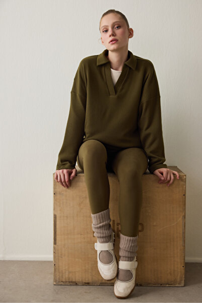 Penti Koyu Yağ Yeşili Polo Yaka Uzun Kollu Kazak