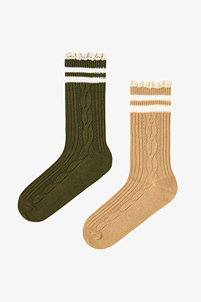 Penti 2 Pairs of Cotton Ankle Socks with Striped Lace Ruffles