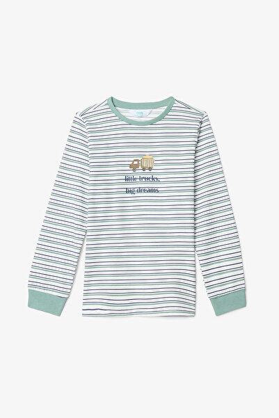 Penti Off-White Jungen-Pyjama-Set mit langen Ärmeln aus gestreifter Baumwolle mit kleinem Truck-Motiv, 2-teilig