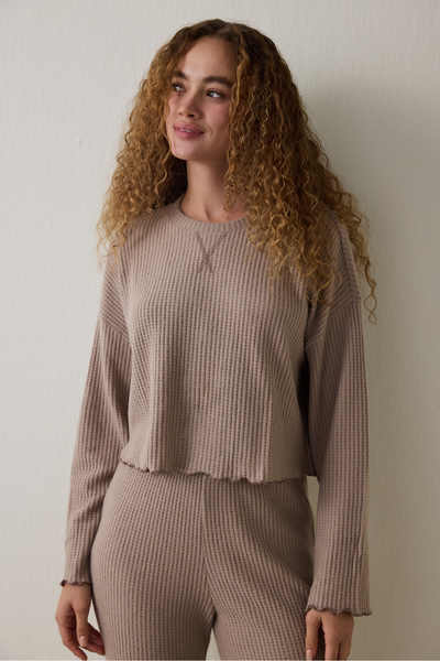 Penti Dark Beige Mocha Waffle Crew Neck Thermal Effect Pajama Set