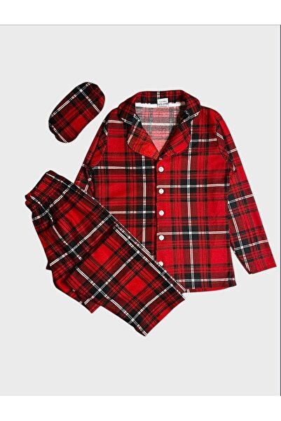 ALİŞ KİDS Set de pijamale pentru băiat, din țesătură din piele intoarsa de bumbac, cu model roșu în carouri, cu bandă de dormit, guler, nasturi