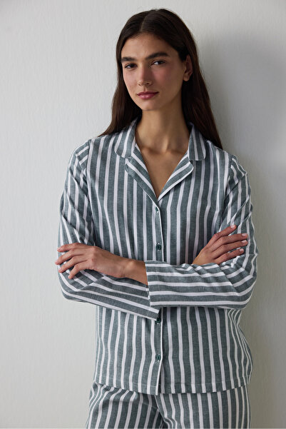 Penti Dark Green Lazy Morning Striped Cotton Shirt Collar Pajama Set