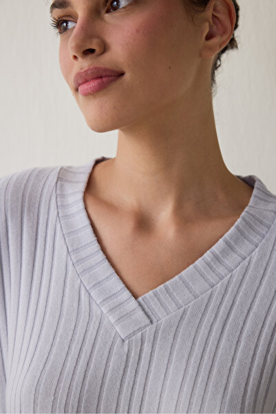 Penti Light Gray Melange Cozy V-Neck Long Sleeve Pajama Set