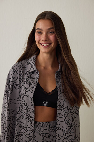 Penti Gray Kuromi Printed Long Sleeve Cotton Oversized Shirt Pajama Set