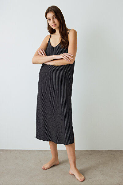 Penti Black Striped V-Neck Adjustable Strap Nightgown