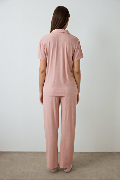 Penti Dusty Rose Emma Ribbed Shirt Collar Short Sleeve Pajama Set