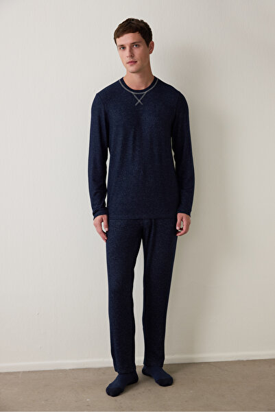 Penti Navy Blue Men's Basic Long Sleeve Pajama Set