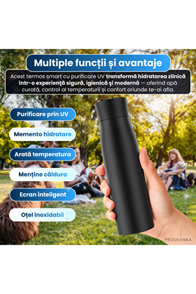 PROUDANKA Smart Thermos with UV Purification, 500 ml, LED Temp Display, Hydration Reminder, Black