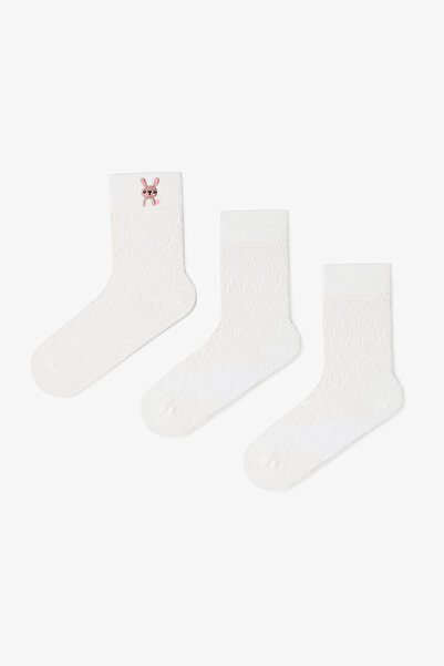 Penti 3 Pairs of Cotton Self-Patterned Rabbit Embroidered Socks