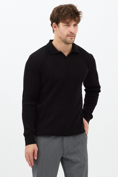 Tarz Cool Μαύρο ανδρικό πλεκτό πουλόβερ με λαιμόκοψη με ραβδώσεις