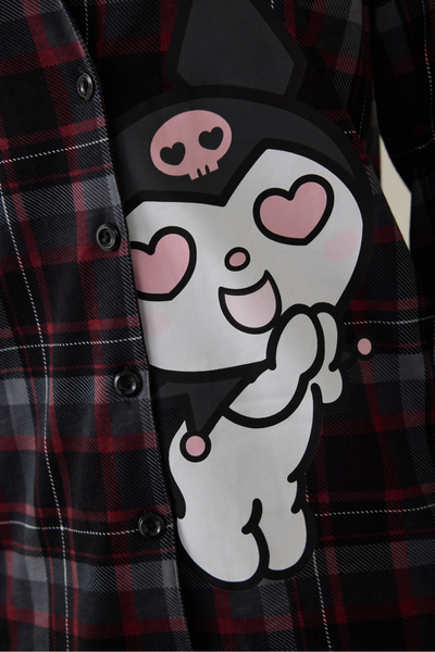 Penti Schwarzes Kuromi-Pyjama-Set mit bedrucktem Karomuster, Oversize-Langarmshirt aus Baumwolle