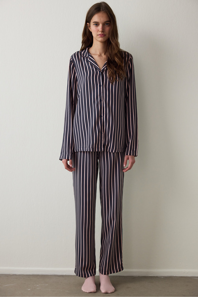Penti Navy Blue Striped Shirt Collar Long Sleeve Pajama Set