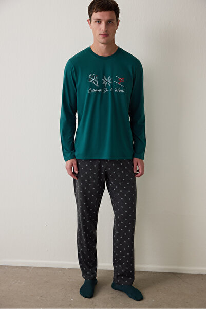 Penti Green Men's Crew Neck Plaid Cotton Pajama Set