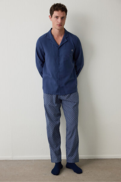 Penti Indigo Melange Men's Button down Shirt Pants Pajama Set