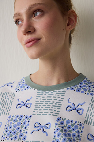 Penti Off-White Cute Bows Crew Neck Cotton Long Sleeve Pajama Set