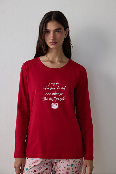 Penti Red Joyous Time New Year Themed Crew Neck Cotton Long Sleeve Pajama Set