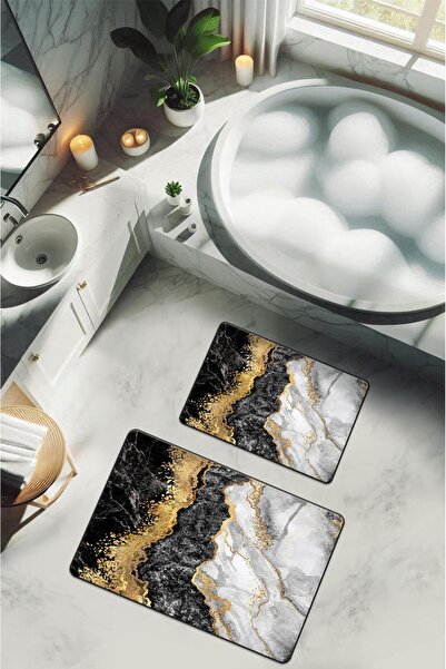 Dolce Mariee Washable Non-Slip Based Modern Patterned 2-Piece Bathroom Mat Se...