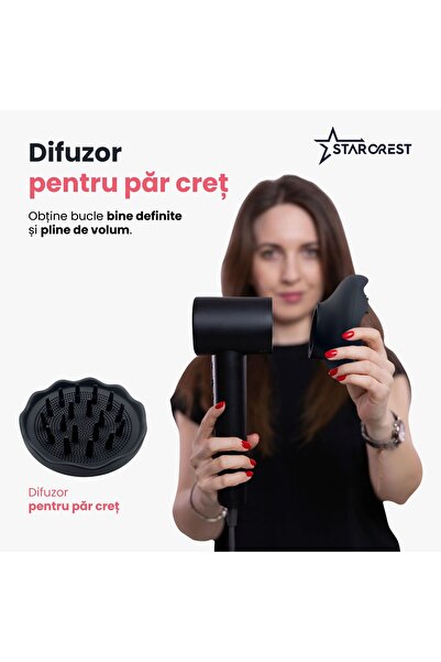 STARCREST Uscător de păr SHD-2BK-DIF, difuzor pentru păr creț, 1600W, ionic, 3 călduri, 2 viteze, jet de aer rece