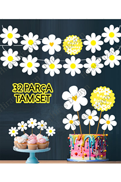 Hiras Dizayn Papatya 32 Parça Papatya Temalı Dev Set Doğum Günü Süsü Banner P...