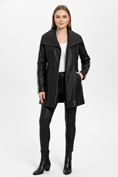 Deriderim Siyah Lori Önden Çapraz Fermuarlı Kemerli Reglan Kol Fashion Yazılı Hakiki Deri Kadın Kaban