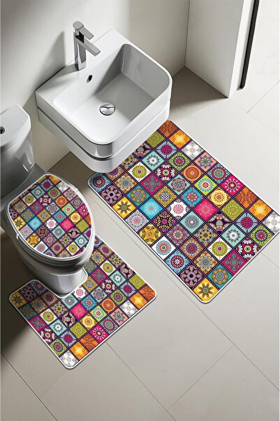 Dolce Mariee Modern Patterned Digital Printing 3-Piece Bathroom Mat Set Washa...